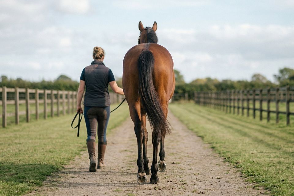 A person leading a horse at a trot in a straight line away from the camera to check for hip and shoulder symmetry.