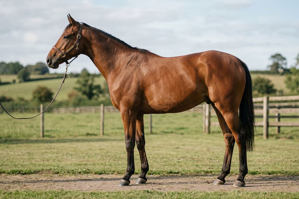 A clear side-profile photo of a horse standing squarely on level ground to show balanced proportions.