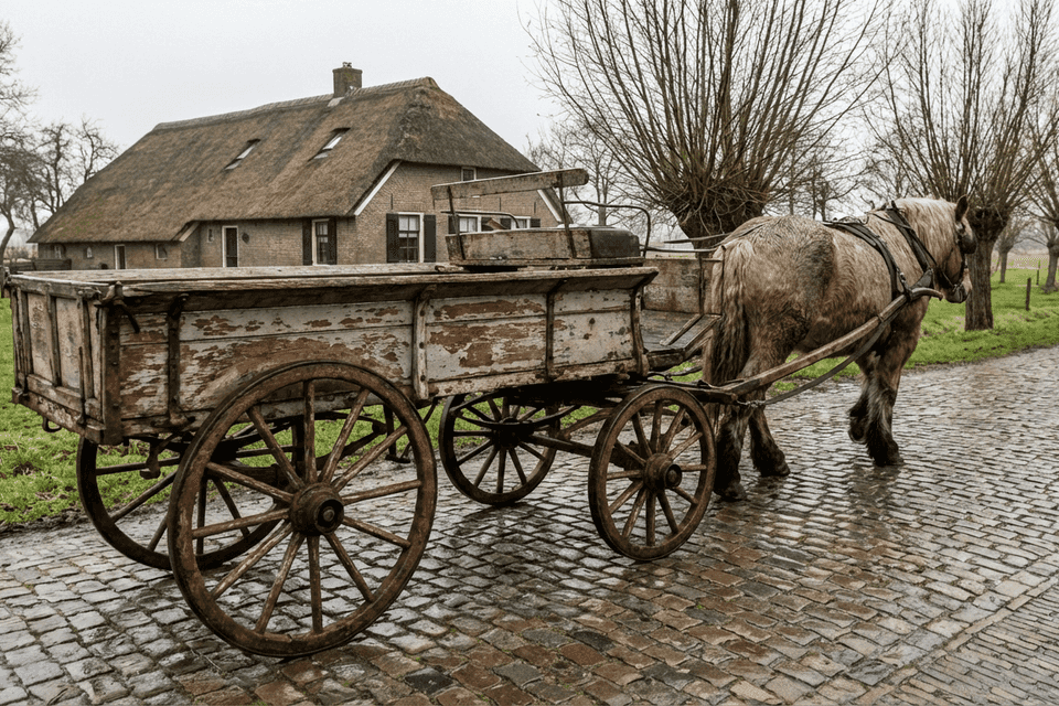 Een oude paardenkar op een Nederlandse kasseienweg